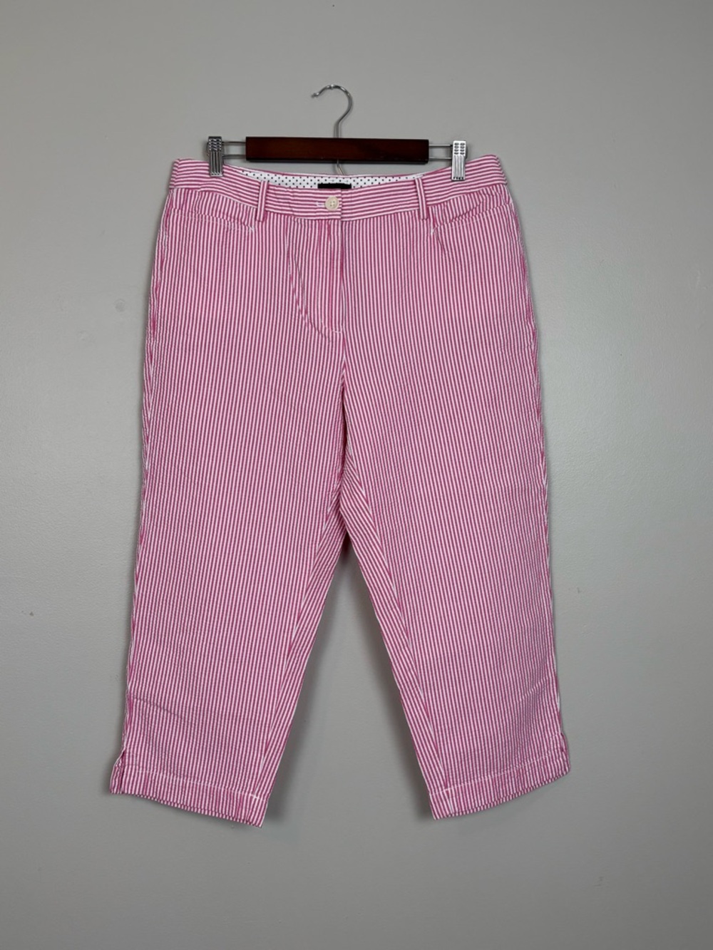 Talbots Perfect Skimmer Cropped Capri Pant White Pink Seersucker Womens Size 10